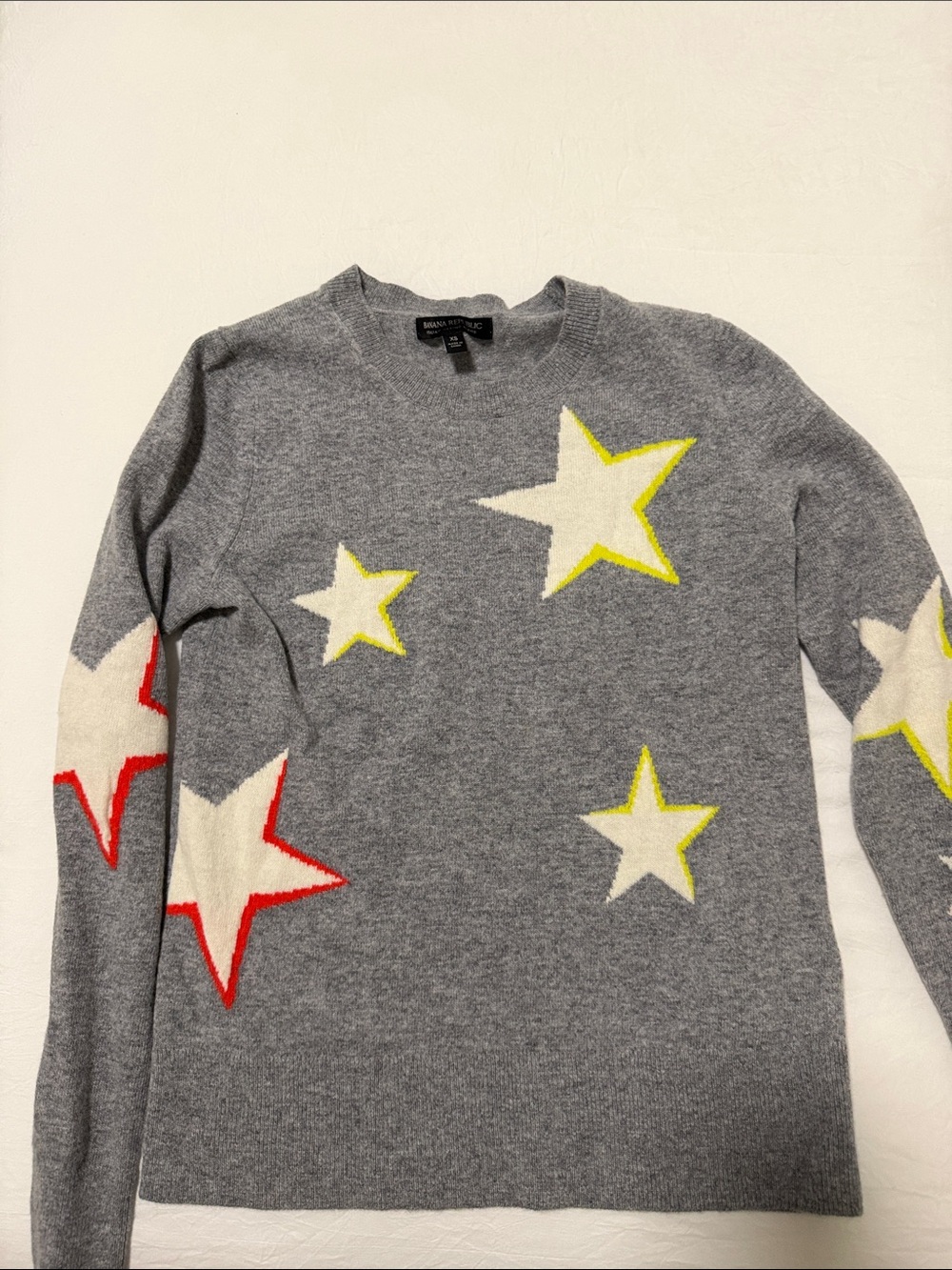 Banana Republic Grey Crewneck Sweater with Cream, Yellow & Red Star Motif